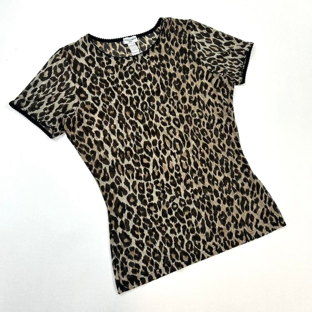 y2k D&G brown mesh leopard print short sleeve top